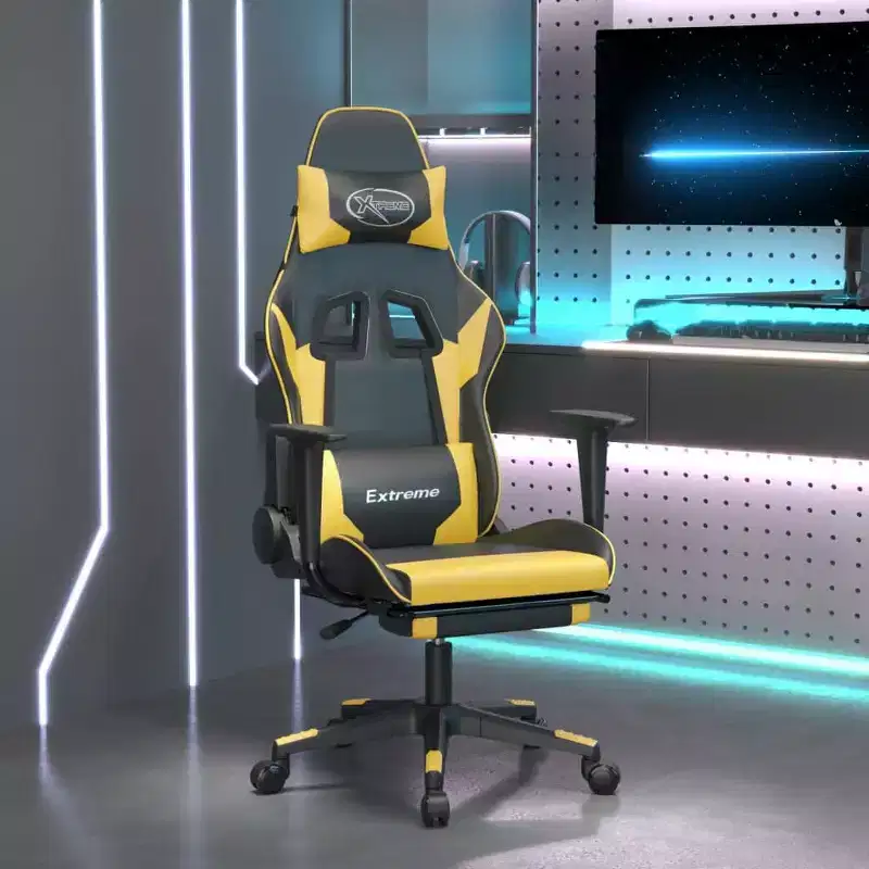vidaXL Gaming Chair with Footrest, Black and Gold, Faux Leather