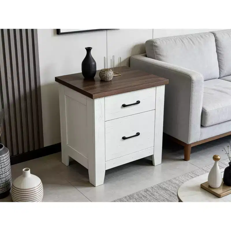 Minimalist Modern Bedside Table  White Bedside Table with Drawers and Brown Top, Ample Bedroom Storage, Sleek Home Decor, Contemporary Design