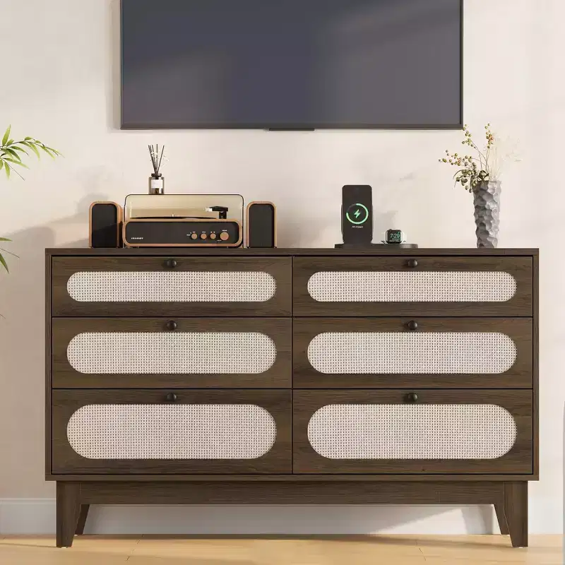 52.1 Rattan Dresser with Charging Station, 6-Drawer Wood Dresser for Bedroom with Varied Capacity Drawers