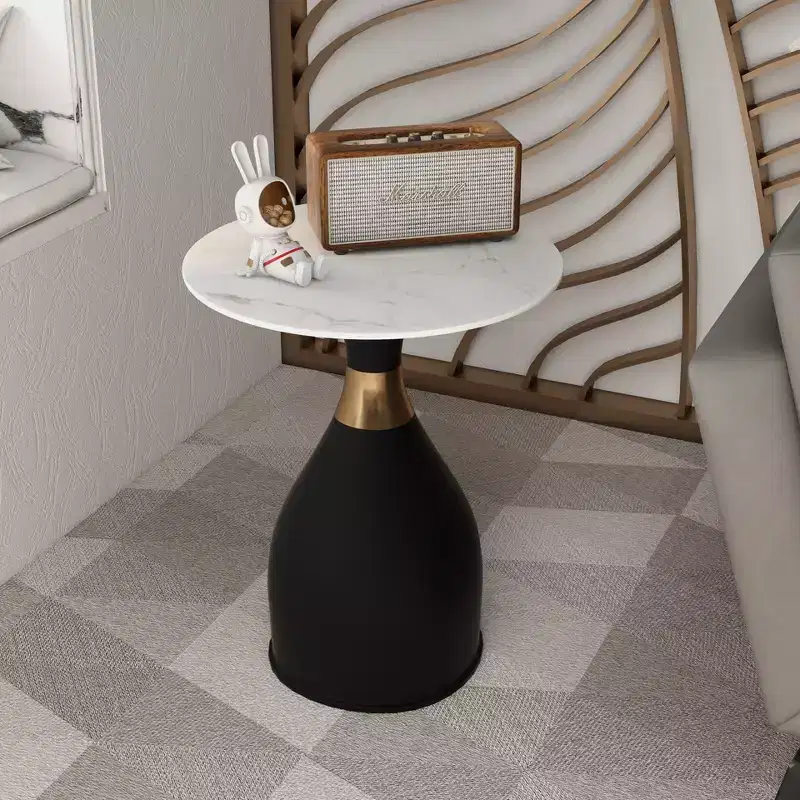 LeisureMod Bento Sintered Stone Top Side Table - Black Pedestal Base Nightstand