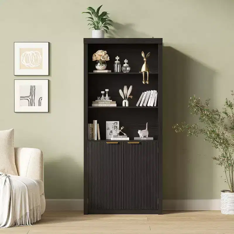 5 Tier Bookcase Display Shelves with Storage Cabinet & Adjustable Shelf, Mid-Century Modern Bookshelves for Home Office, Living Room