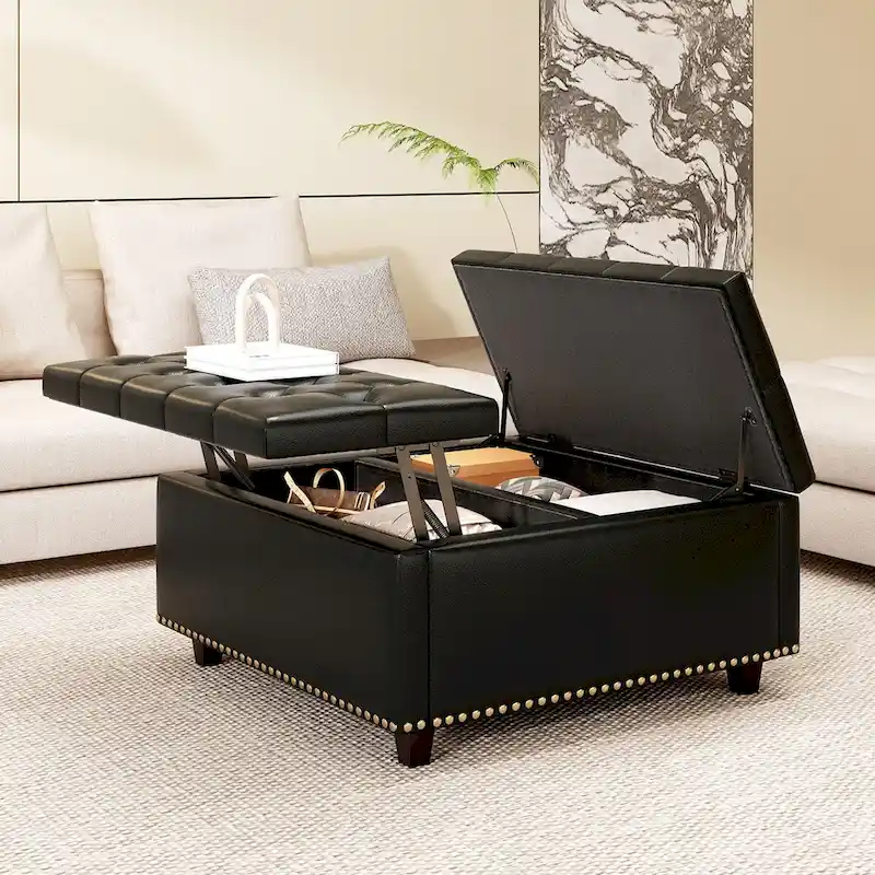 PU Leather Oversized Storage Square Chair with Storage,with Storage, Double Door Storage, Mid-Century Modern Coffee Table