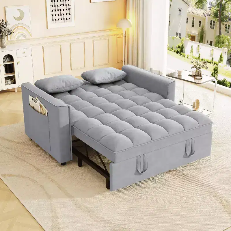 MAYEERTY Sleeper Sofa Couch Pull Out Bed Modern Velvet Convertible Small Love Seat with Pillows Sode Pockets for Small Space Light Gray