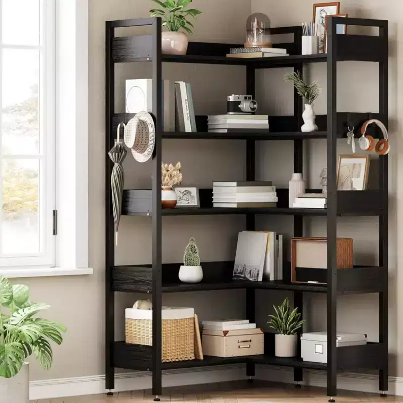 Black / White, Corner Style, 5-Tier Bookshelf with Hooks