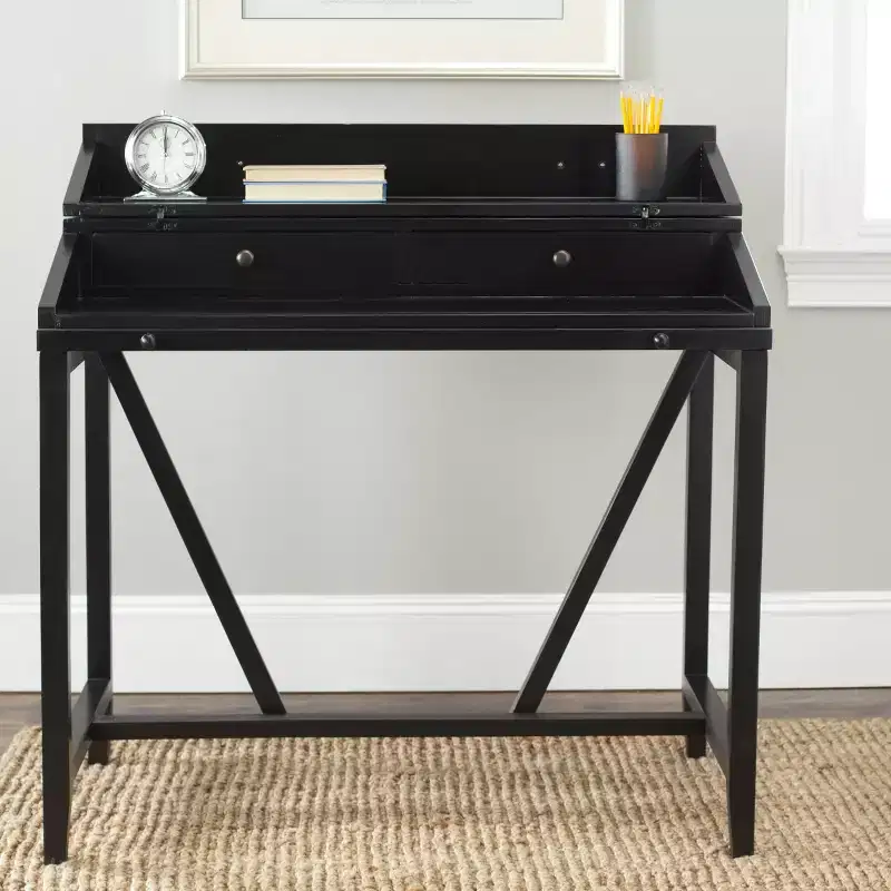 Writing Desk with Pull-Out Shelf, Dark Teak Pine Wood