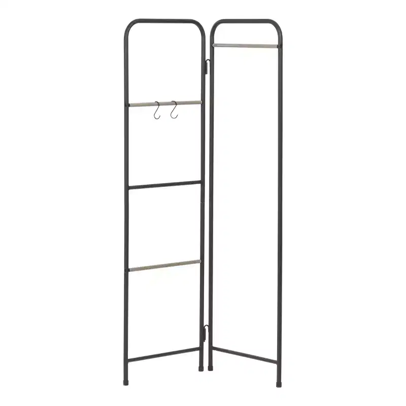 IRIS 2 Panel Free Standing Metal Garment Rack Black: Closet Clothes Stand, Wardrobe Organizer, Fixed Shelf & Hooks