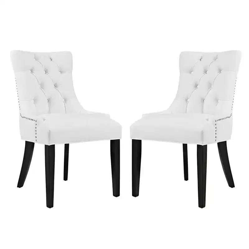 Set of 2 Dining Side Chair Vinyl White: Tufted, Nailhead Trim, Padded, Wood Legs
