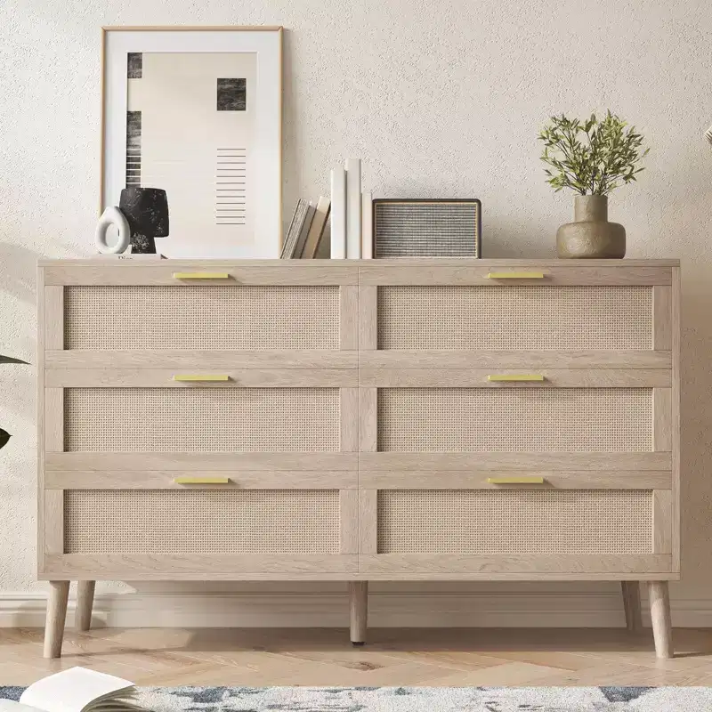 8 Drawer Rattan Dresser, Mid Century Modern Dresser for Closet with Handles, Large Table Top