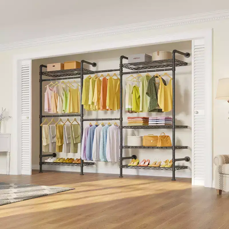 Industrial Pipe Wall-Mounted Clothing Rack with Shelves and Closet Rods