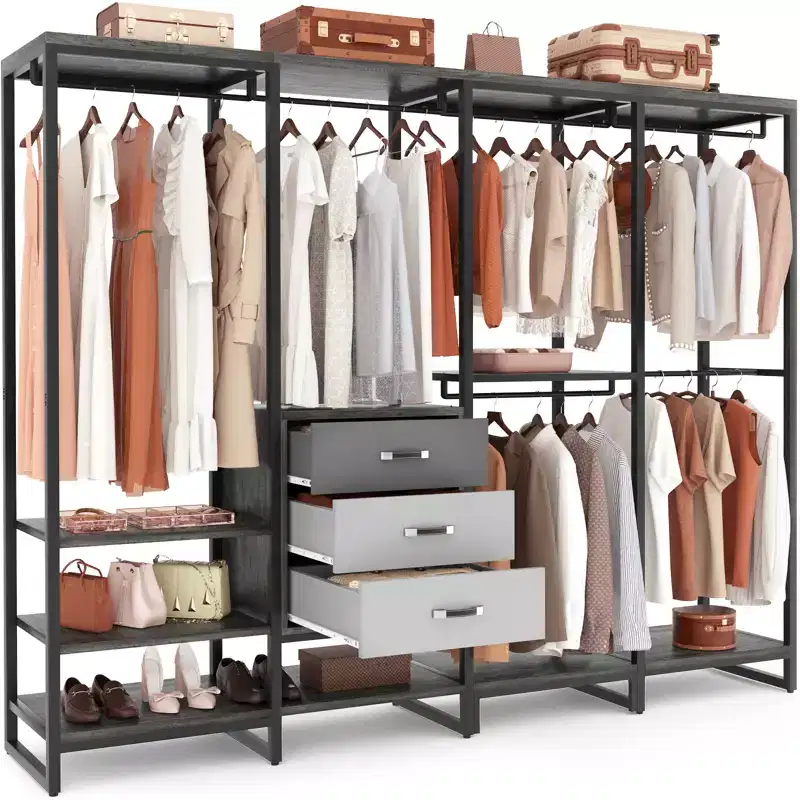 Besiost 74-In Closet Organizer System with Wood Drawers, Freestanding Corner Garment Rack with Hanging Rods