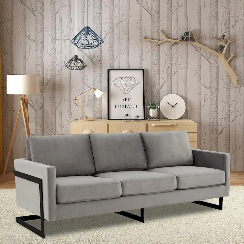 Leisuremod Lincoln 3-Seater Upholstered Velvet Sofa with Black Stainless-Steel Base