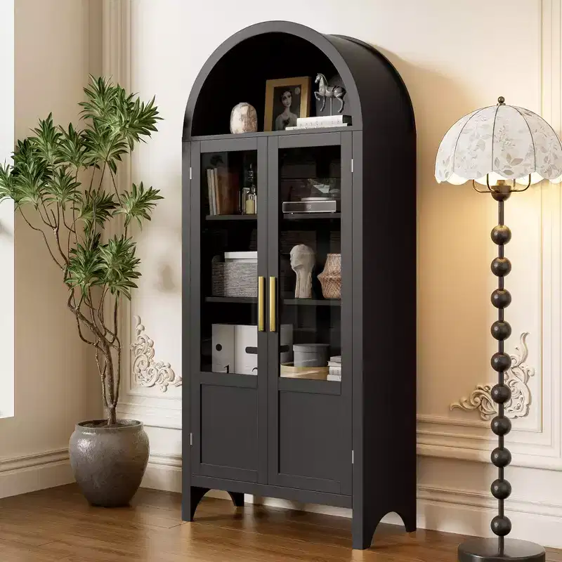 71 Tall Wooden Cabinet Arched Storage Cabinet with 2 Doors and Shelves for Living Room