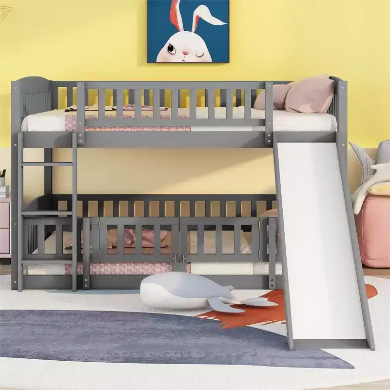 Full Size Wood Bunk Bed With Slide, Fence and Ladder, Easy Assembly
