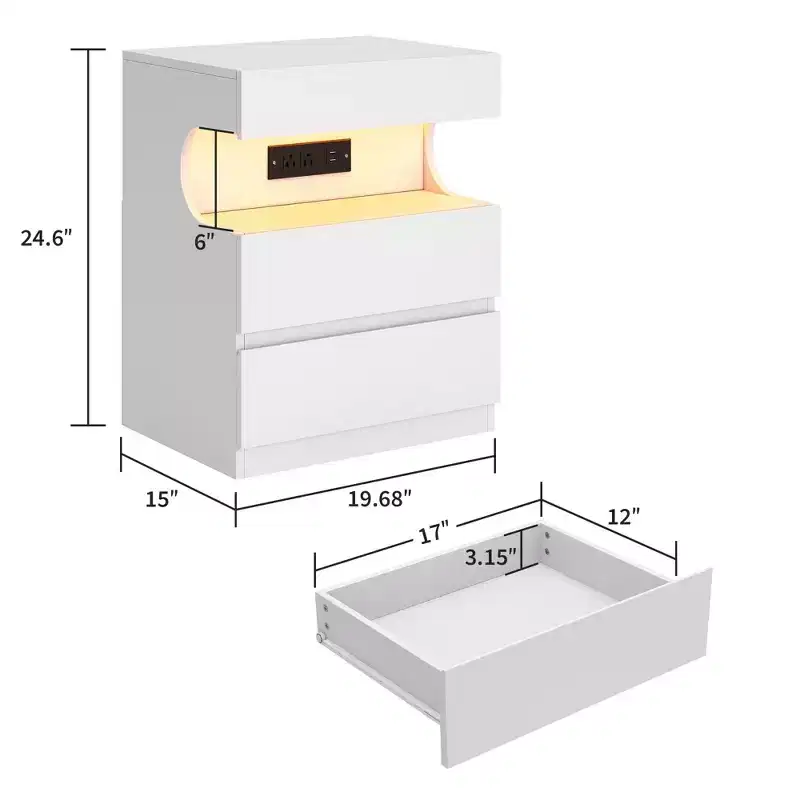 White Smart Nightstand C App-Controlled LED Lights & Charging Station with 3 Drawers for Bedroom