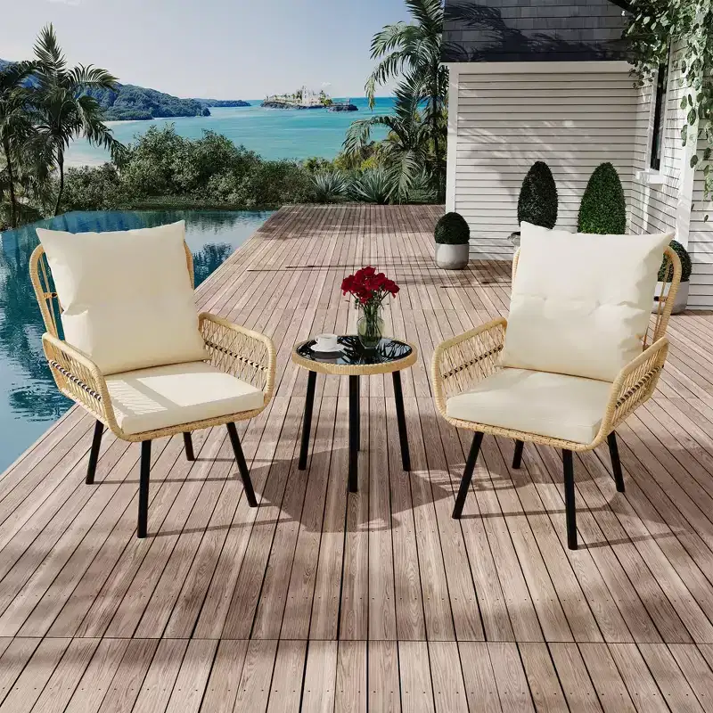 Wicker Patio Bistro Set, 3 Piece Outdoor All-Weather Rattan Dining Chairs with Glass Top Table and Cushions