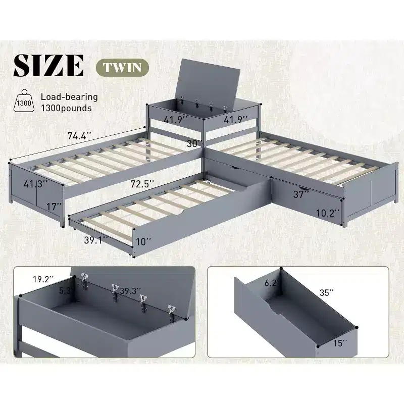 AMERLIFE L-Shaped Twin Solid Wood Trundle Bed with Flip-Top Storage Desk, Space-Saving Platform Frame for Kids and Family Rooms