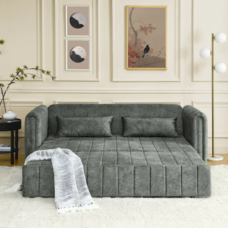 Modern 68 Foam 3 in 1 Pull-Out 3-seaters Bed Sleeper Sofa with Copper Nails and Two Drawers