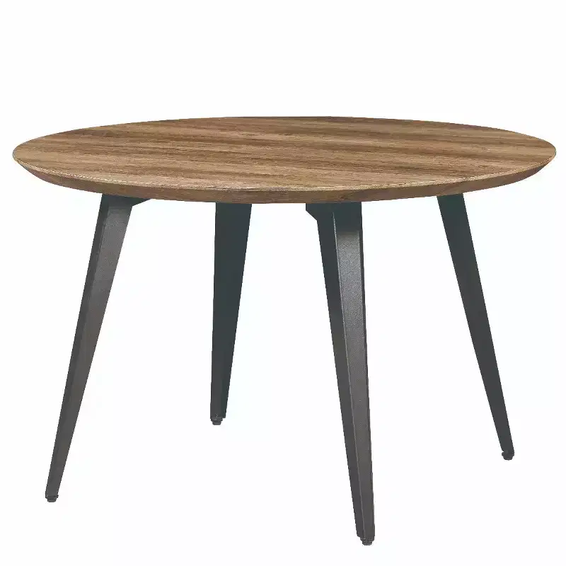 47-inch Round Wood Dining Table, 4 Person, Modern Black Metal Tapered Legs