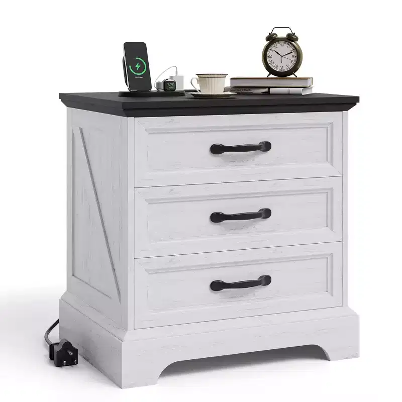 Acekool Modern Farmhouse Nightstand with Charging Station, 3-Drawer Rustic End Table for Bedroom and Living Room