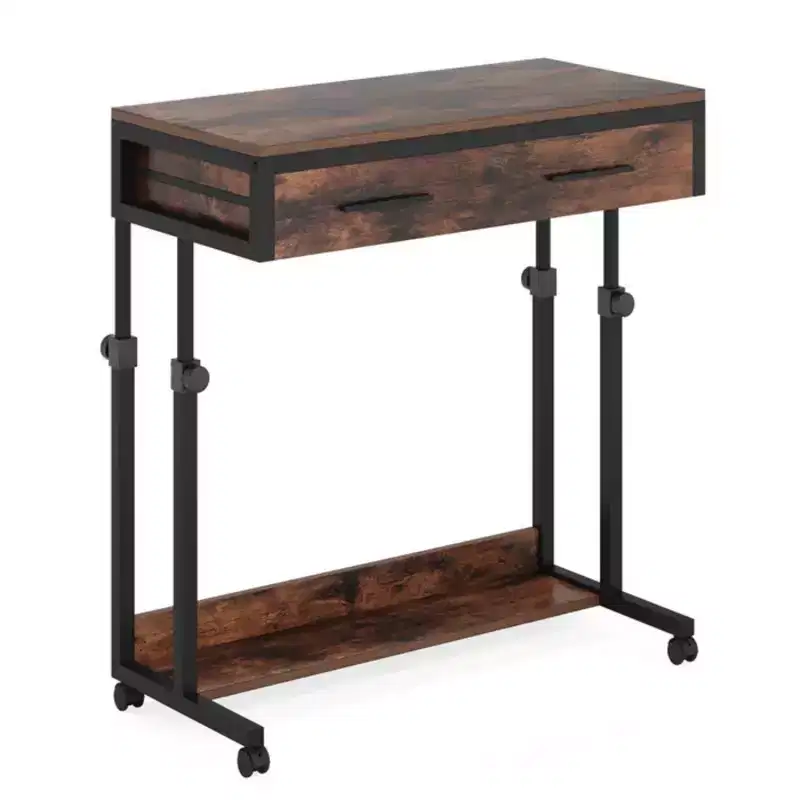 NAYSAYE Mobile Office Desk End Table Height Adjustable Rolling Writing Table with Drawer Shelf for Home Office, Black and Brown, 31.52*17.73*42.16