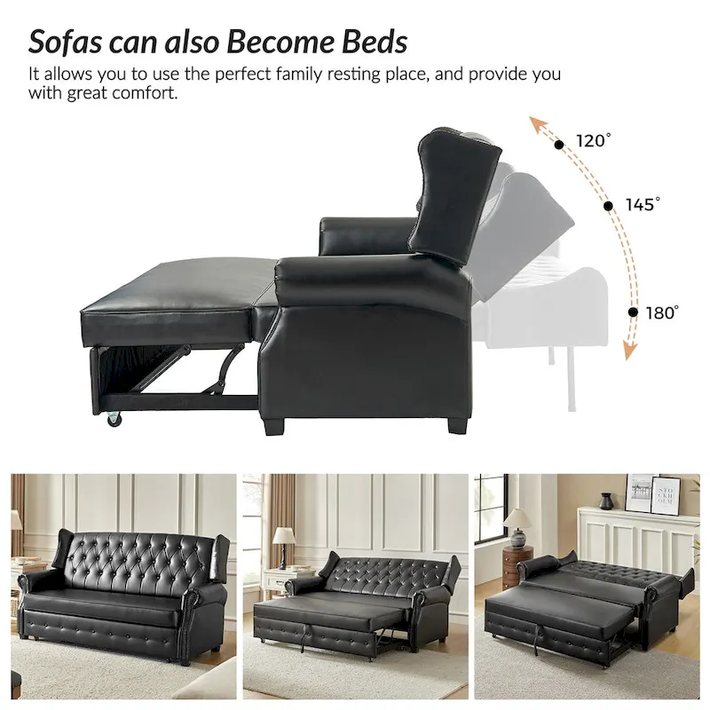 Ruedi Transitional 73.6 Vegan Leather Sofa Bed with Tufted Back and Nailhead by HULALA HOME