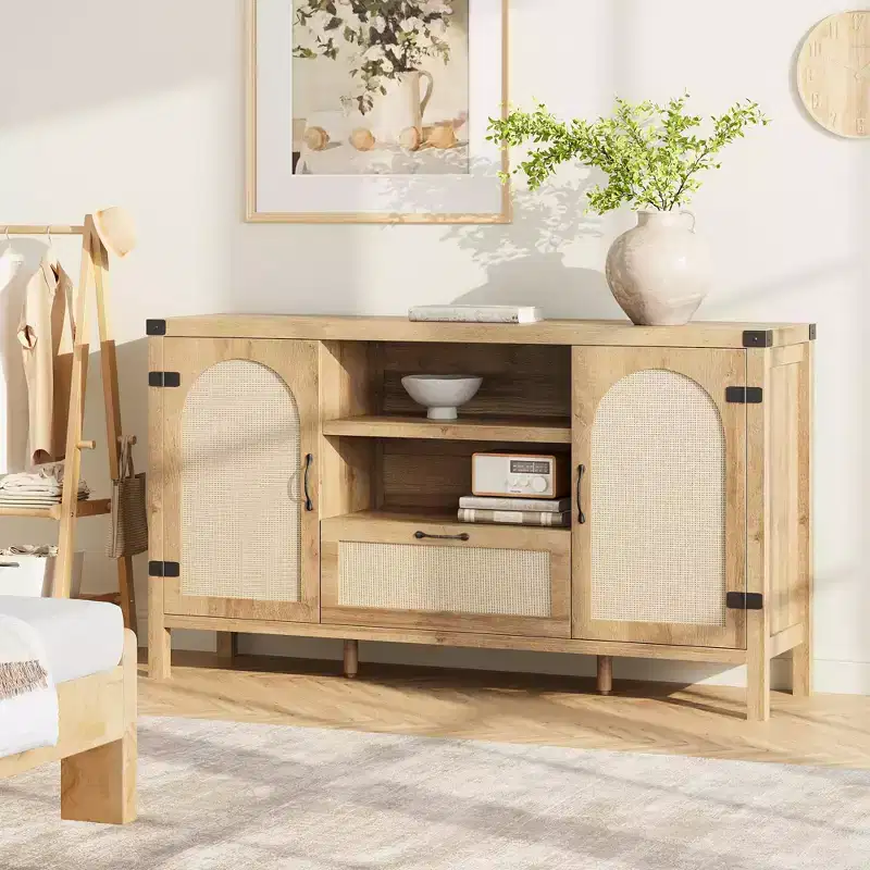 Kitchen Coffee Bar Cabinet with Doors and Drawer, Boho Farmhouse Sideboard with Adjustable Shelves and Handle for Kitchen, Living Room, Natural
