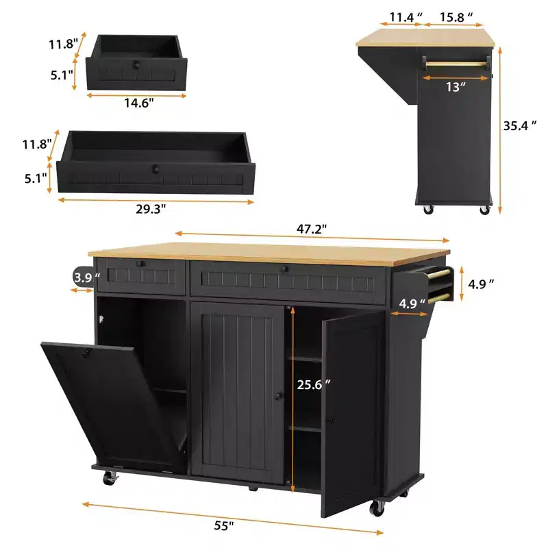 Rolling Kitchen Island Carts with Storage, 55 Wide Island Table on Wheels with Spice Rack, Towel Rack, Knife Holder and Trash Can Storage