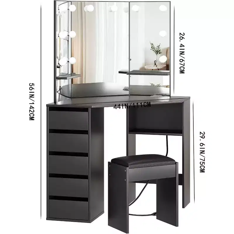 Corner Vanity Desk with Mirror, Makeup Table Set, Cushioned Stool, 5 Drawers and Storage Shelves, Bedroom Dressing Table for Women, Black