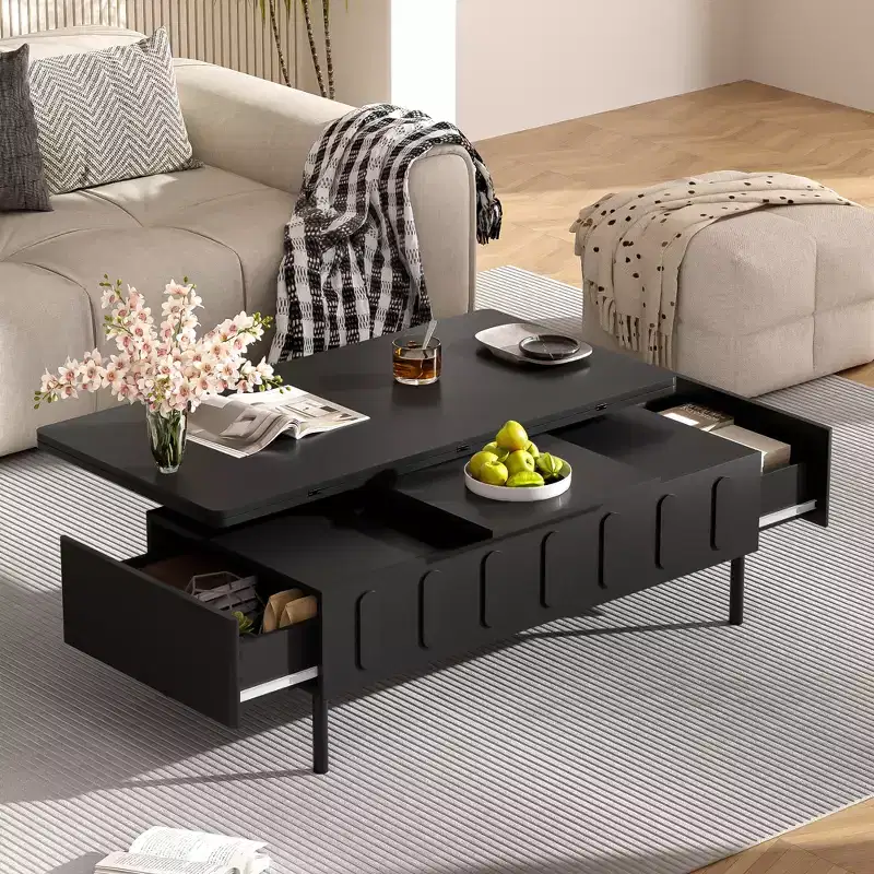 Lift-Top Coffee Table with 2 Drawers, Modern Cocktail Table Sofa Side Table Storage Center Table with Foldable Top, White/Black - ModernLuxe