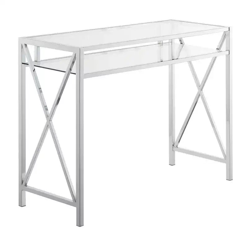 42" Oxford Chrome Desk with Shelf Clear Glass/Chrome - Breighton Home: Home Office, Tempered Glass Surface, Metal Frame