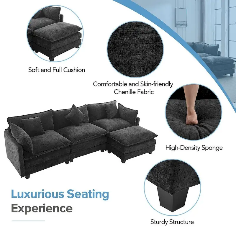 112 Modern L-Shape Chenille Upholstered Sofa with 5 Pillows