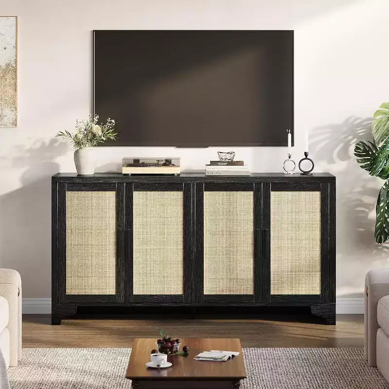 Natural Rattan 4-Door Sideboard Buffet Cabinet, Entryway Console Table, Coffee Bar, and Storage Buffet for Dining Room, Kitchen, and Living Room