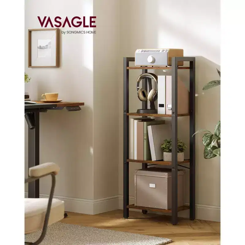 4-Tier Tall Bookshelf, Narrow Bookcase, Skinny Book Shelf for Living Room, Home Office, Study, 9.4 x 15.7 x 42.1 Inches, Rustic Brown and Black