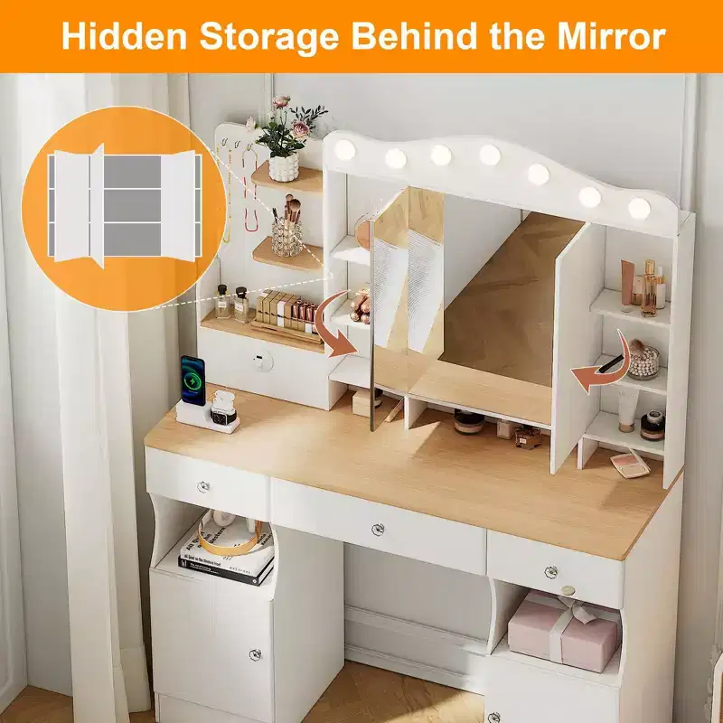 Makeup Vanity with Foldable Three-sided Mirror and 2 USB Power Strip, Makeup Table with Ample Storage, Dressing Table for Home, White
