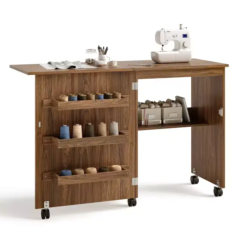 Costway Folding Sewing Craft Table Shelf Storage Cabinet Home Furniture W/Wheels