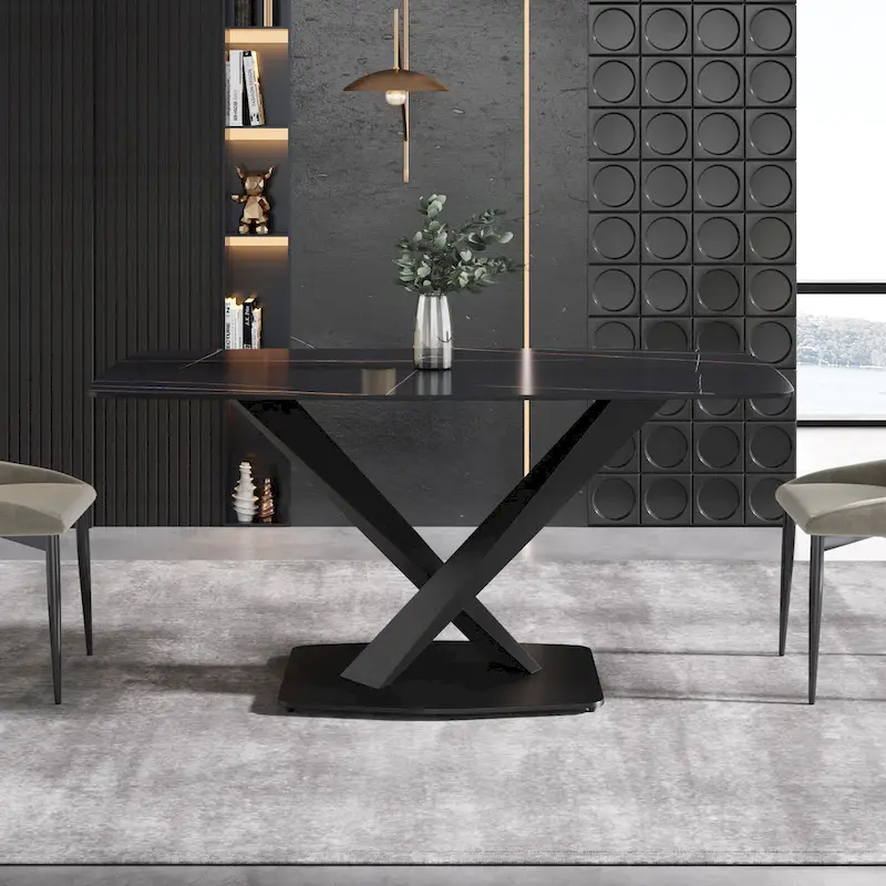 63-Inch Dining Table with Sintered Stone Tabletop and Metal Base