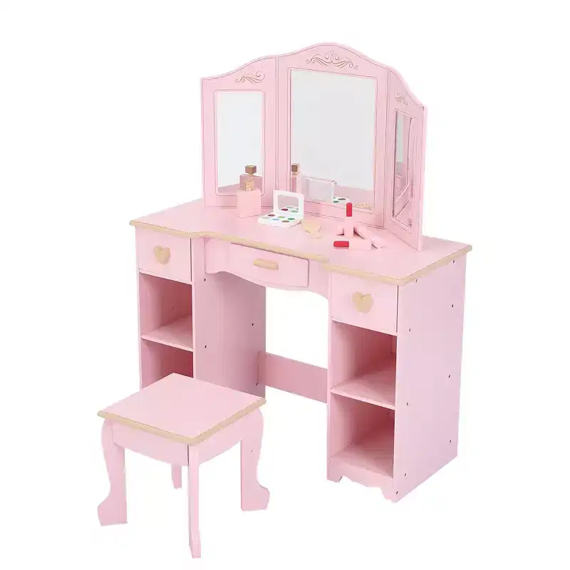 Wooden Makeup Vanity Set with 3 Drawers and Mirror, Suitable for Ages 3-9