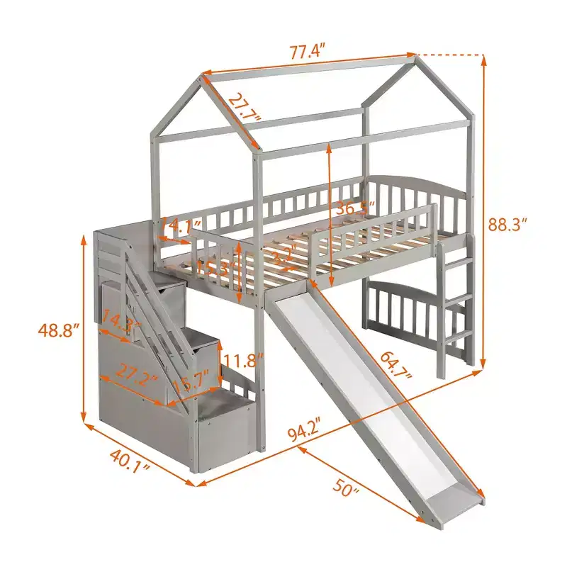 Twin House Loft Bed with Slide and Stairs, Loft Bed with Storage Drawers, Wood Cabin Loft Bed for Kids Toddlers