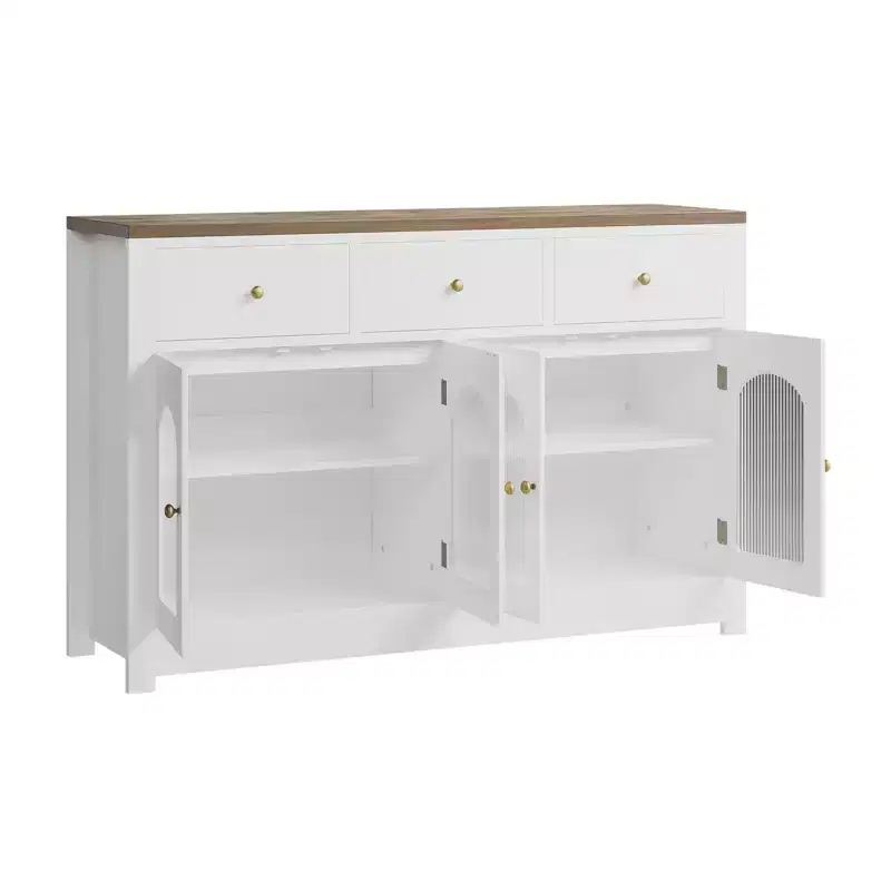 Large Buffet Sideboard Cabinet with 4 Doors & 3 Drawers, Kitchen Cabinet Display Cabinet with Adjustable Shelf, Wine Buffet Cabinet