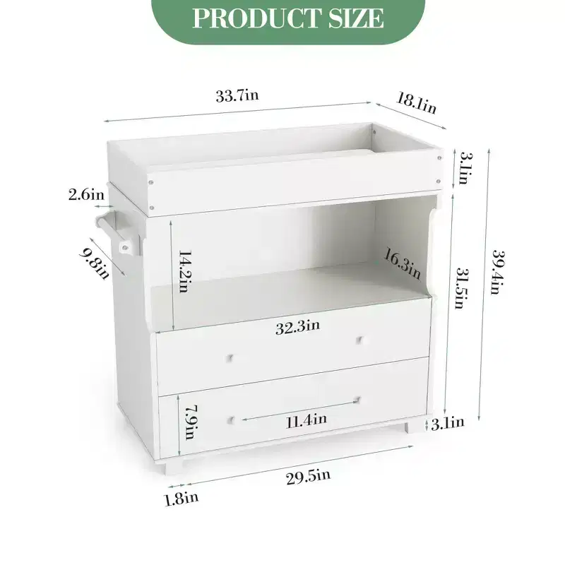 Wooden Changing Table, Baby Dressing Table with 2 Drawers & Shelves, Multi-Functional Baby Diaper Station for Bedroom, Kids Room, Nursery