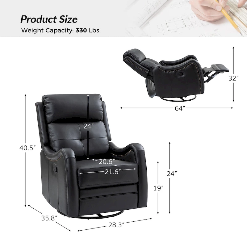 FrancoModern Genuine Leather Swivel Rocker Recliner with Nailhead Trims by HULALA HOME