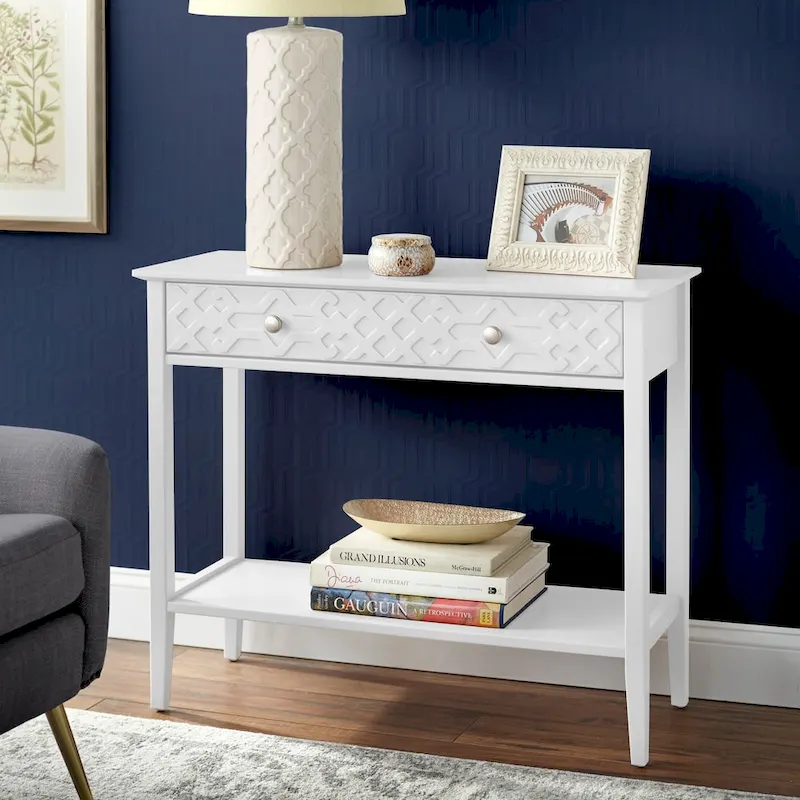MDF Console Table with Geometric Drawer and Open Shelf – White / Blush Pink / Mint, 1-Unit