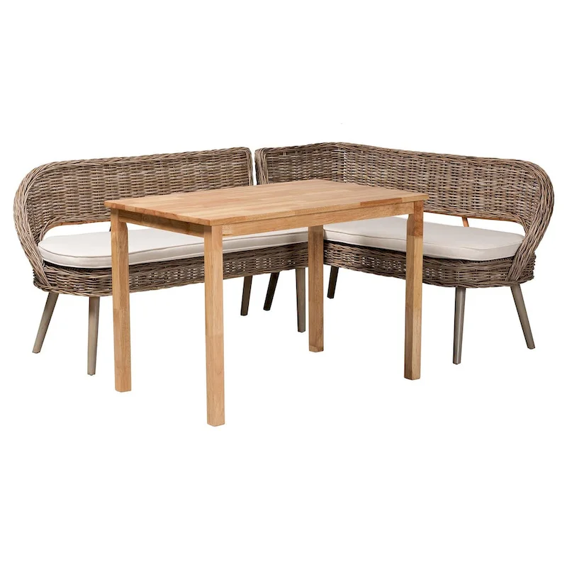 Modern Bohemian Natural Kubu Rattan Bench and Wood Table Dining Nook