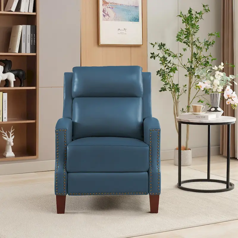 Genuine Leather Pushback Recliner with Multi-Angle Seat Back and Solid Wood Legs