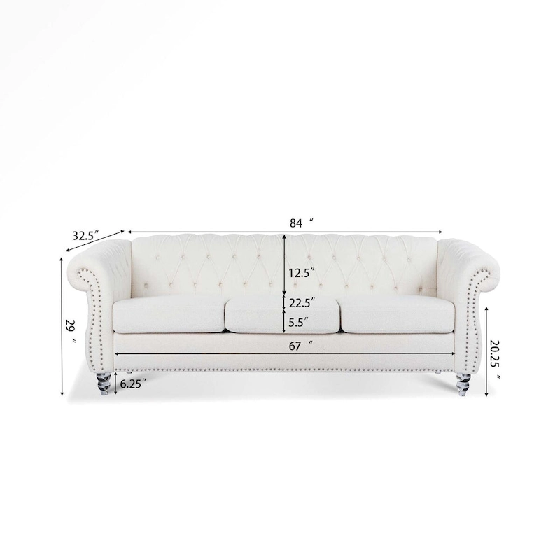 84 White Rolled Arm Chesterfield 3 Seater Sofa Couch