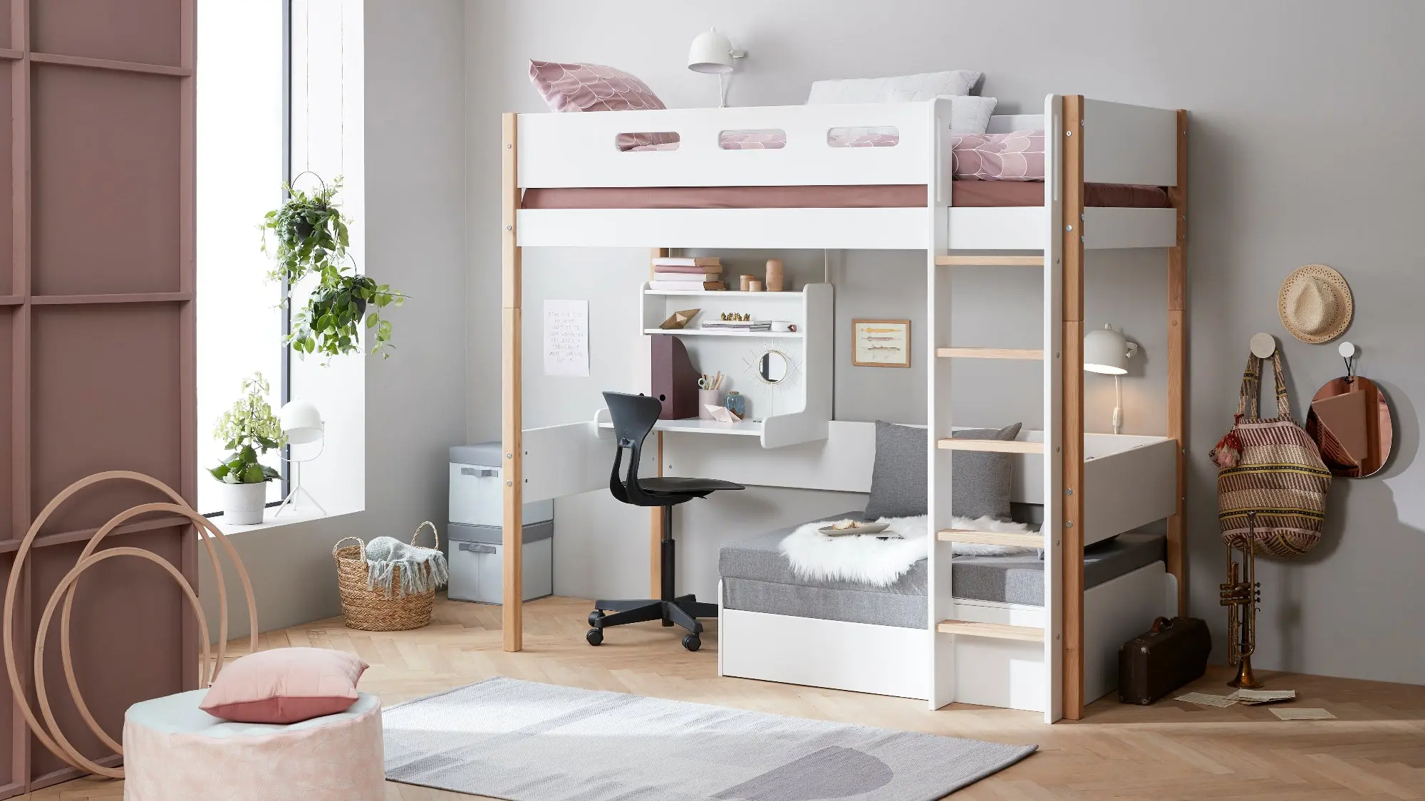 High Bed 184 cm with Sofa, Desk, Ladder and Safety Rail, 90x200 cm, White/Oak