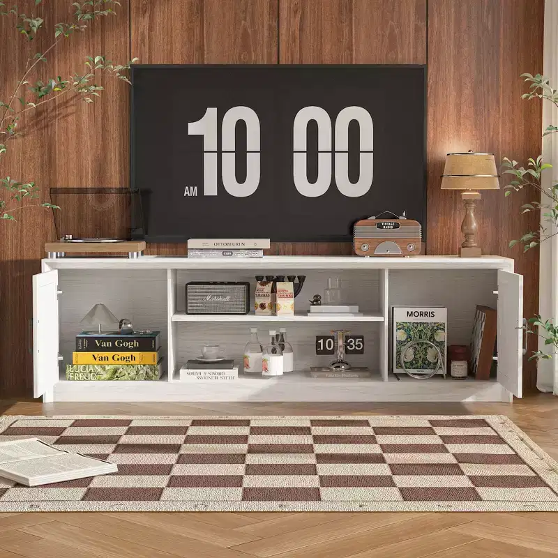 Minimalist White Wood-Grain TV Stand with Storage Cabinets, Media Console for Living Room