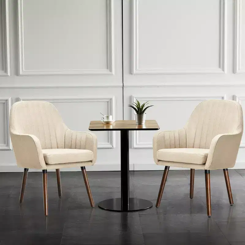 Set of 2 Accent Chairs Fabric Upholstered Armchairs w/Wooden Legs Beige/Gray