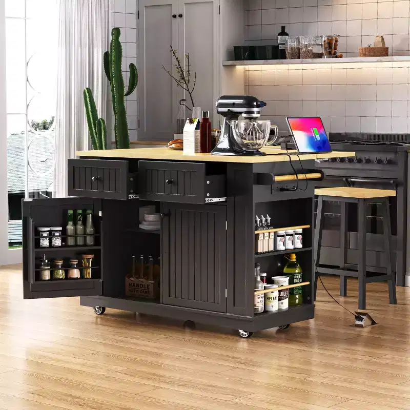 JVNOXK 48-inch Large Kitchen Island, Folding Leaf Panel, 5-Wheel Mobile Storage Cart with 5 Open Side Shelves (Does Not Include Stools) Black