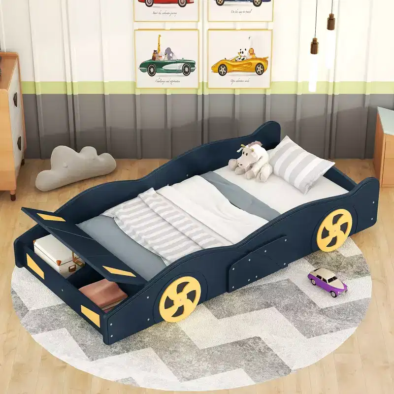 Full Size Race Car-Shaped Platform Bed, Wood Platform Bed Frame with Wheels and Storage, for Girls Boys Teenagers, Dark Blue